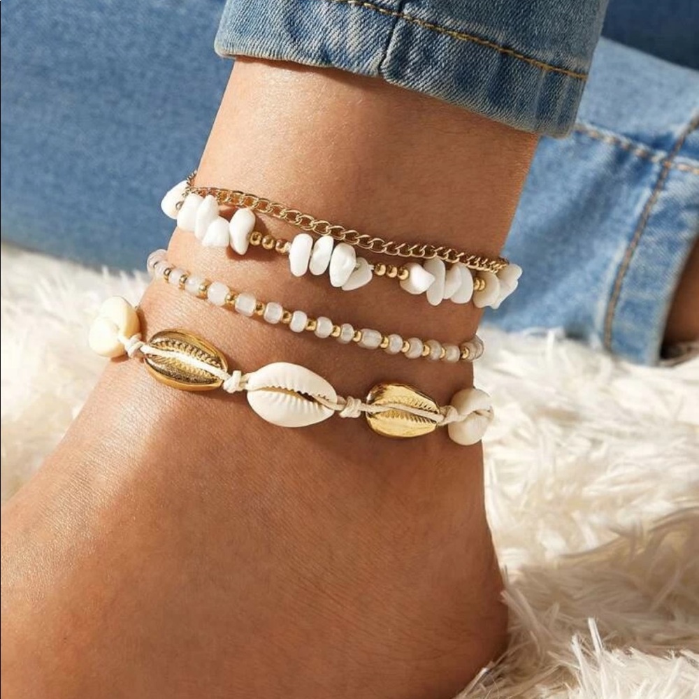 Cowrie Shell & Bead Anklets 4pcs